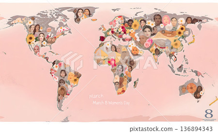 World map illustration with women's faces and flowers, celebrating International Women's Day on March 8th.  136894343