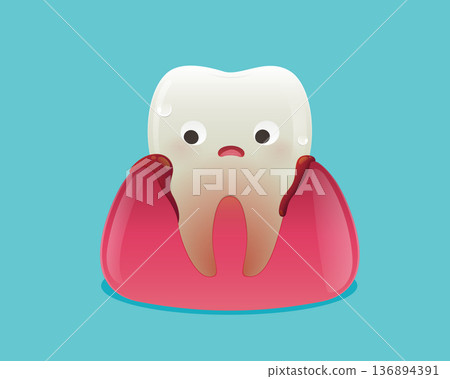 Bleeding Gums Cartoon Tooth Character with Gingivitis Pain 136894391