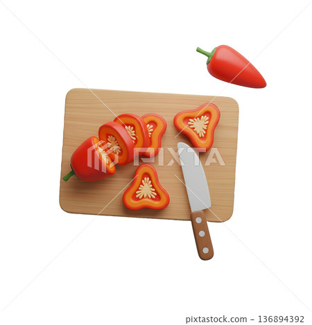 3D Render of a Sliced Red Bell Pepper with Kitchen Knife and Visible Seeds 136894392