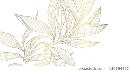 Luxury botanical pattern, elegant gold line leaves, floral elements on white background. Modern vector illustration Japanese and Chinese ornament, vintage deco style, wedding cards, spa, tea 136894592