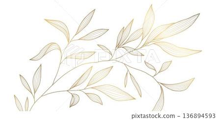Luxury botanical pattern, elegant gold line leaves, floral elements on white background. Modern vector illustration Japanese and Chinese ornament, vintage deco style, wedding cards, spa, tea 136894593