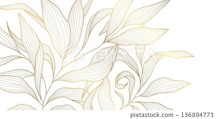 Luxury botanical pattern, elegant gold line leaves, floral elements on white background. Modern vector illustration Japanese and Chinese ornament, vintage deco style, wedding cards, spa 136894773