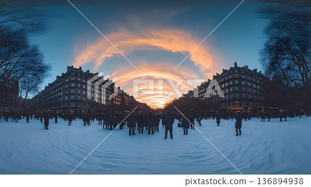 Parisian Winter Sunset Gathering in a Snowy Square Parisian Winter Sunset Gathering in a Snowy Square 136894938