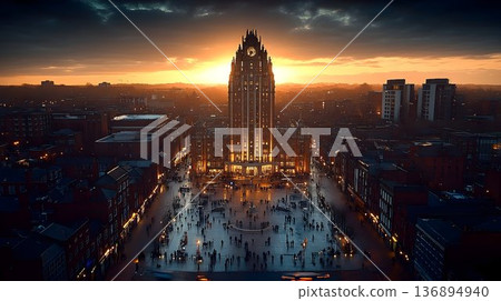 City Square at Sunset with Towering Landmark 136894940