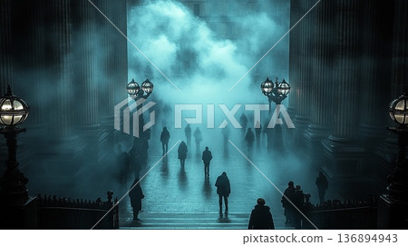 Eerie Fog Envelops Pedestrians Near Grand Columns and Ornate Str Eerie Fog Envelops Pedestrians Near Grand Columns and Ornate Str 136894943