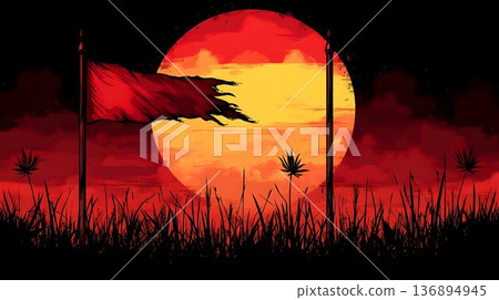Torn Red Flag Against a Fiery Sunset Torn Red Flag Against a Fiery Sunset 136894945