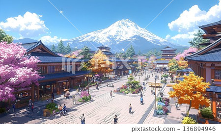 Anime-style Japanese Townscape with Mount Fuji, Cherry Blossoms, 136894946