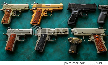 Collection of Pistols with Varied Finishes and Grips on Teal Tex 136894960