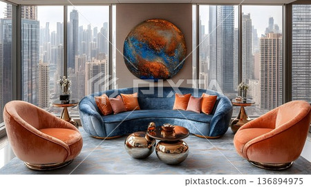 Modern Apartment Living Room with Cityscape View Modern Apartment Living Room with Cityscape View 136894975