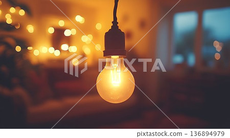 Glowing Filament: A Warm Lightbulb Illuminates a Cozy Interior S Glowing Filament: A Warm Lightbulb Illuminates a Cozy Interior S 136894979