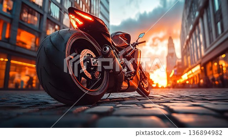 Low-Angle View of a Sport Motorcycle on Cobblestone Street at Su 136894982