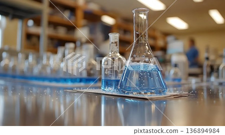 Close-up of Blue Liquid in Conical Flask in a Laboratory Setting 136894984