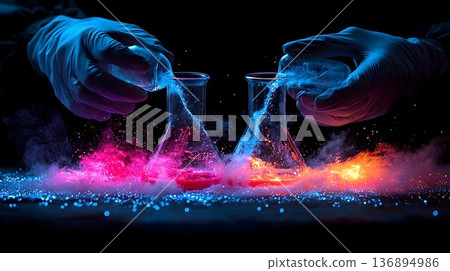 Vibrant Chemistry: Gloved Hands Pouring Liquids into Beakers Ami 136894986