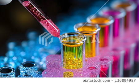 Crimson liquid being added to a test tube with yellow liquid and 136894987