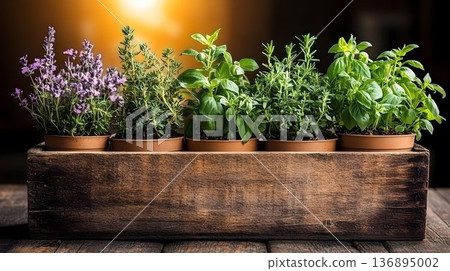 Fresh Herbs in Wooden Box with Lavender, Thyme, and Basil Displa Fresh Herbs in Wooden Box with Lavender, Thyme, and Basil Displa 136895002
