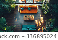 Tranquil Tropical Living Room with Orange and Teal Sofas 136895024