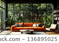 Modern Living Room with Orange Sofa and Lush Greenery View 136895025