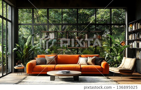 Modern Living Room with Orange Sofa and Lush Greenery View 136895025