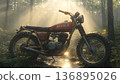 Abandoned Motorcycle in Sunlit Forest Clearing, Vintage Style wi 136895026
