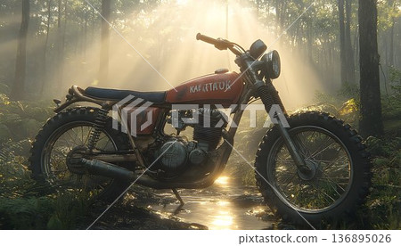 Abandoned Motorcycle in Sunlit Forest Clearing, Vintage Style wi 136895026
