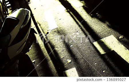 Motorcycle's Tail and Road Markings Under Dramatic Sunlight and 136895027