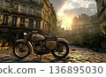 Vintage Motorcycle Parked on Cobblestone Street with Sunlit Buil 136895030