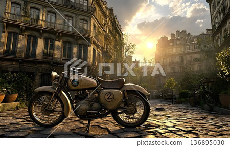 Vintage Motorcycle Parked on Cobblestone Street with Sunlit Buil Vintage Motorcycle Parked on Cobblestone Street with Sunlit Buil 136895030