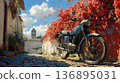 Vintage Motorcycle in a Sunny Italian Alleyway with Bougainville 136895031