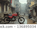 Red Motorcycle Parked in a Flooded, Dilapidated Urban Street Sce 136895034