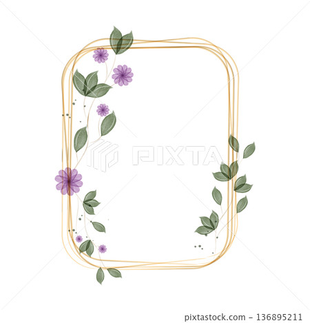 A watercolor frame with a golden border features rounded corners. Soft purple flowers and green leaves adorn the frame edges, creating an elegant botanical design. A watercolor frame with a golden border features rounded corners. Soft purple flowers and green leaves adorn the frame edges, creating an elegant botanical design. 136895211