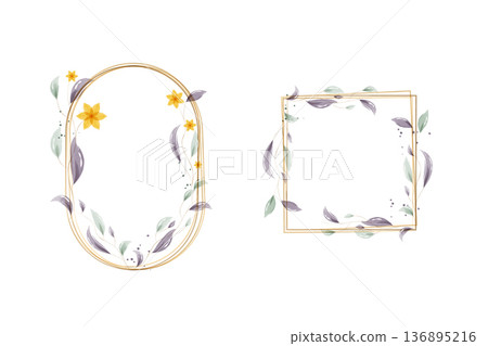 Two elegant watercolor frames feature golden outlines. One is an oval shape adorned with yellow flowers and soft leaves. The other is a square frame decorated with similar botanical elements. Two elegant watercolor frames feature golden outlines. One is an oval shape adorned with yellow flowers and soft leaves. The other is a square frame decorated with similar botanical elements. 136895216