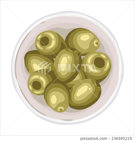 Olive fruit in ceramic bowl top view vector hand drawn illustration. Italian food cartoon drawing for cafe menu and restaurant template. Isolated drawing perfect for culinary product graphic design. 136895229
