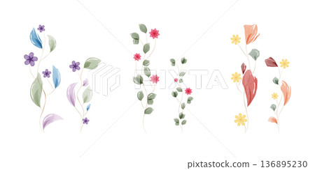 Artistic watercolor illustrations of decorative floral sprigs. Three distinct arrangements feature slender stems adorned with soft colored leaves and small flowers. Artistic watercolor illustrations of decorative floral sprigs. Three distinct arrangements feature slender stems adorned with soft colored leaves and small flowers. 136895230