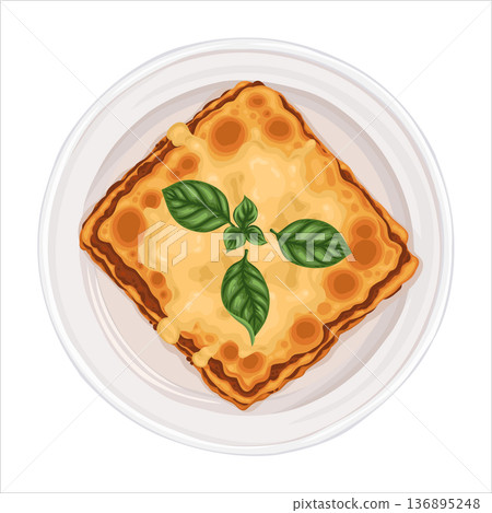Lasagna top view vector hand drawn illustration. Italian food with cheese and meat for mediterranean cafe menu and template. Isolated meal with basil leaf drawing design perfect for delivery graphic. Lasagna top view vector hand drawn illustration. Italian food with cheese and meat for mediterranean cafe menu and template. Isolated meal with basil leaf drawing design perfect for delivery graphic. 136895248