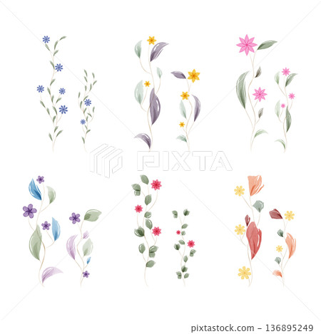 A collection of six distinct watercolor floral arrangements displays flowing stems, soft green leaves, and small colorful blossoms like blue, pink, yellow, and purple. Perfect for decorative use. A collection of six distinct watercolor floral arrangements displays flowing stems, soft green leaves, and small colorful blossoms like blue, pink, yellow, and purple. Perfect for decorative use. 136895249
