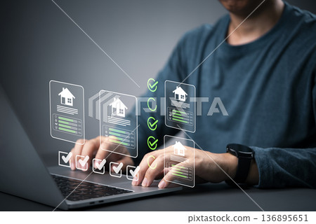 Real estate agent using technology property evaluation, comparing house quality on futuristic virtual dashboard. Customer selects home, reviewing loan and insurance options online. Efficiency concept. Real estate agent using technology property evaluation, comparing house quality on futuristic virtual dashboard. Customer selects home, reviewing loan and insurance options online. Efficiency concept. 136895651