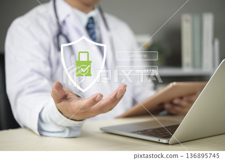Doctor hand holding virtual shield icon. Medical data security, patient record privacy. Healthcare cybersecurity, secure login password, HIPAA compliance, hospital network protection technology. Doctor hand holding virtual shield icon. Medical data security, patient record privacy. Healthcare cybersecurity, secure login password, HIPAA compliance, hospital network protection technology. 136895745