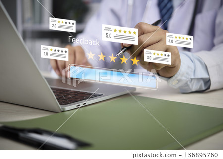 Medical doctor hand use stylus, check healthcare feedback. Virtual screen 5 star rating, patient satisfaction. Online review service quality, hospital evaluation. Future technology. 136895760