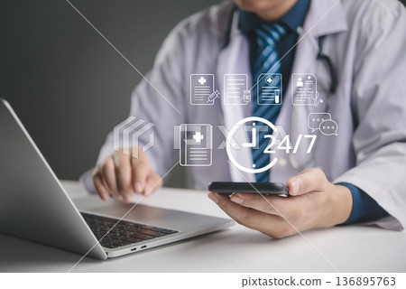 Medical healthcare technology 24/7 support. Doctor virtual screen, online consultation. Telemedicine digital health, patient record, smartphone app. Future hospital service, remote care. 136895763