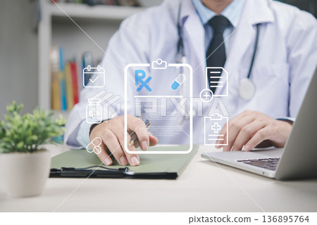 Medical prescription technology concept. Doctor check patient record, digital EHR. Virtual screen online pharmacy service. Healthcare innovation, future medicine, appointment, data. Medical prescription technology concept. Doctor check patient record, digital EHR. Virtual screen online pharmacy service. Healthcare innovation, future medicine, appointment, data. 136895764