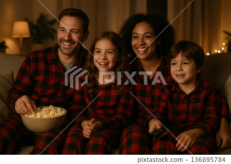 Happy family enjoying a cozy movie night, lounging on the sofa in pajamas, sharing laughter and popcorn together under sparkling Christmas lights 136895784