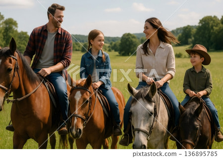 Happy family of farmers enjoying a horseback riding adventure together in the bright, sunny countryside, surrounded by beautiful nature 136895785