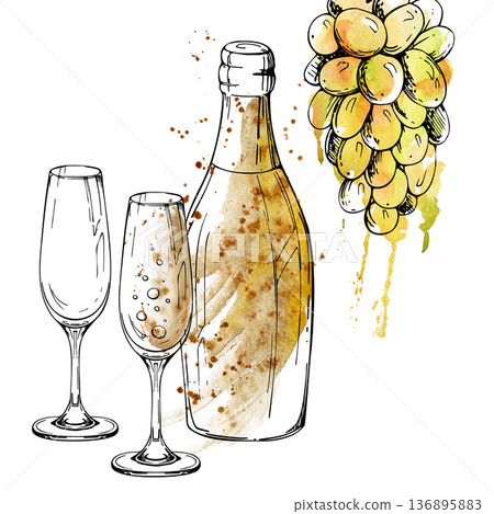 Sparkling wine bottle and tall flute glass, hanging muscat grape bunch. Isolated illustration hand drawn in watercolor and ink for event posters, wedding graphics, luxury packaging, party invitations Sparkling wine bottle and tall flute glass, hanging muscat grape bunch. Isolated illustration hand drawn in watercolor and ink for event posters, wedding graphics, luxury packaging, party invitations 136895883