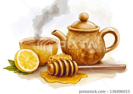 Steaming teapot and teacup on a white background with a honey dipper, honeycomb, and half a lemon, representing a cozy break 136896053