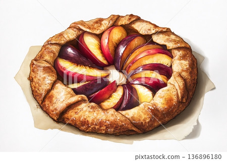 Galette topped with layered plum and peach slices, dollop of cream on parchmentrustic homemade pastry with golden flaky crust 136896180