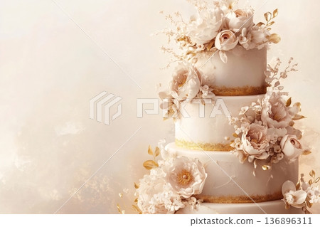 White three tier wedding cake displaying delicate floral decorations and sparkling golden sprinkles, on a light background 136896311
