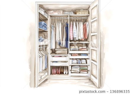 Compact closet space maximizing wardrobe organization with shelves, drawers and hanging space for shoes, accessories and folded clothes 136896335