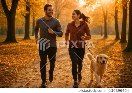 Young couple jogging joyfully with their golden retriever in a stunning autumn park, enjoying the warm glow of sunset Young couple jogging joyfully with their golden retriever in a stunning autumn park, enjoying the warm glow of sunset 136896464
