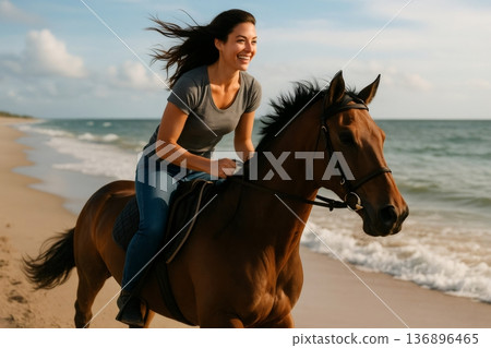 Happy woman riding a horse along the sandy beach at sunset, embracing the joy of summer vacation and the beauty of nature 136896465