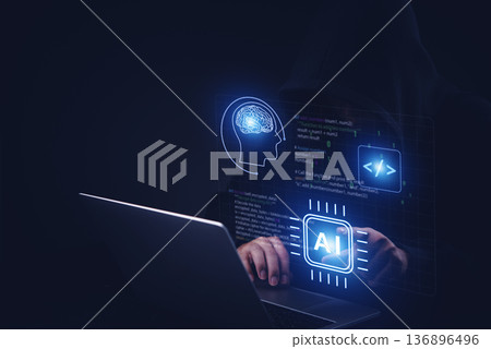 Hacker using laptop with AI and coding interface, illustrating artificial intelligence, cybersecurity risk, deep learning, and technology concept of data protection and online security threats. 136896496